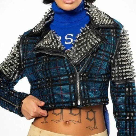 Callie Berry Bling: Teal Plaid Rhinestone Silver Studded Black Moto Jacket - Picture 8 of 12